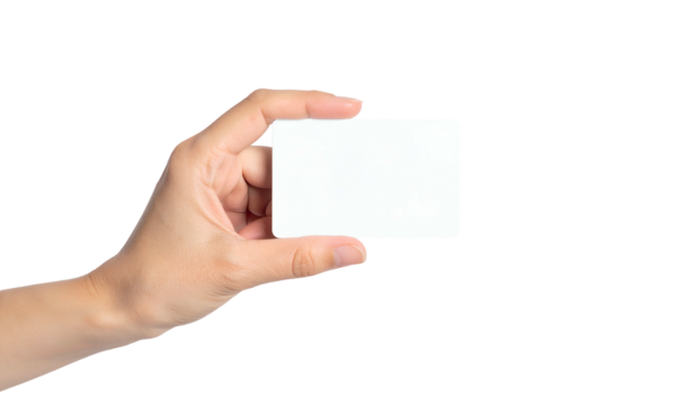 A hand holding a blank, rectangular card against a black background, fingers in view