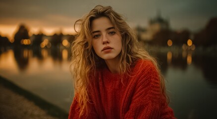 Woman with long hair is sitting on the grass and wearing a red sweater. The scene has a peaceful and serene atmosphere