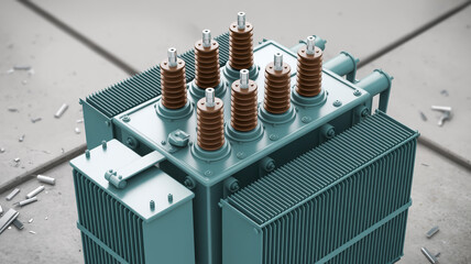 A 3D rendered illustration of a gray electrical transformer with a yellow triangular hazard symbol containing a black lightning bolt.