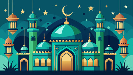 Illustration of a mosque with lanterns on transparent background