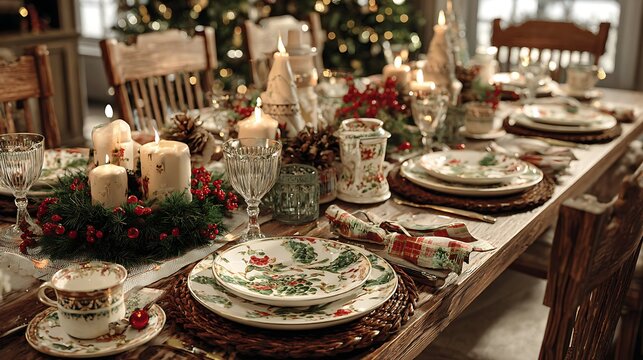A rustic wooden dining table elegantly set for a festive Christmas dinner celebration with candles and a tree in the background. - Powered by Adobe
