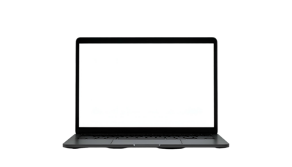 A front-facing, isolated laptop with a blank white screen against a stark black backdrop