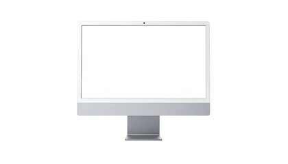 Modern, silver all-in-one desktop computer with a blank white screen, isolated on black