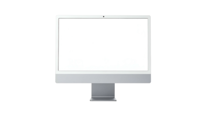 Modern, silver all-in-one desktop computer with a blank white screen, isolated on black