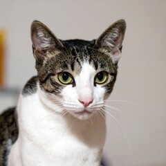 Obraz premium Cute Domestic Cat with Green Eyes Sitting Indoors for Premium Animal Object and Pet Concept