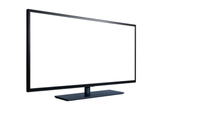 Angled perspective of a dark TV screen in a dim setting against a black backdrop