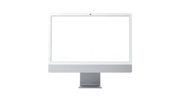 Modern, silver all-in-one desktop computer with a blank white screen, isolated on black