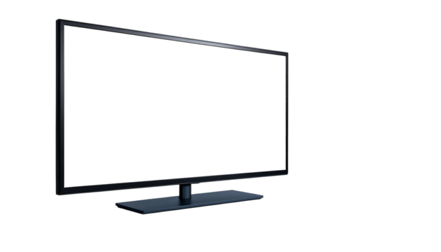 Angled perspective of a dark TV screen in a dim setting against a black backdrop