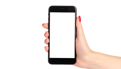 A hand with red nails holds a black smartphone with a blank white screen against a black backdrop