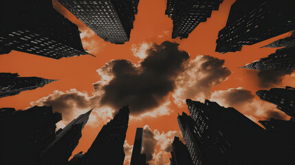 Orange sky clouds real scene changes atmosphere dramatic city skyline with towering skyscraper silhouettes