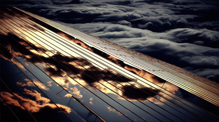 Golden clouds sky real scene changes atmosphere reflecting on glass facade in dramatic sunset light creating moody urban composition
