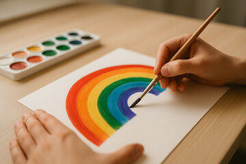 Close up of female painting a rainbow on paper , art and creativity concept
