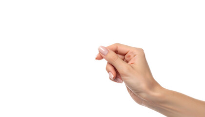 A graceful hand, elegantly holding something, with a neutral skin tone, on black background