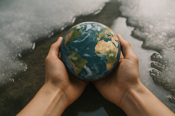Hands holding Earth globe melting like water