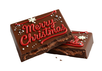 Luxurious artisan dark chocolate bar, broken, "Merry Christmas" in red script, snowflakes, pearls, ganache interior, isolated on transparent background, studio lighting, festive elegance and gourmet