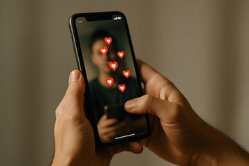 Live stream interaction of person using smartphone with animated hearts