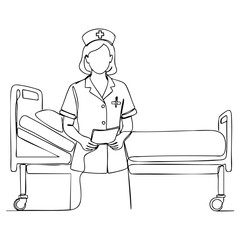 Vector art of nurse standing next to hospital bed drawing