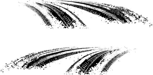 Set of Tire tread marks, Vector black and white tire track and skid mark texture background for automotive and transport design 