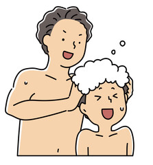 子供の頭をシャンプーするお父さん_カラー