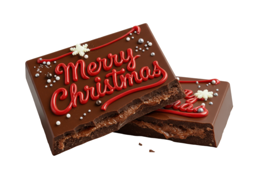 Luxurious artisan dark chocolate bar, broken, "Merry Christmas" in red script, snowflakes, pearls, ganache interior, isolated on transparent background, studio lighting, festive elegance and gourmet