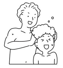 子供の頭をシャンプーするお父さん_線画