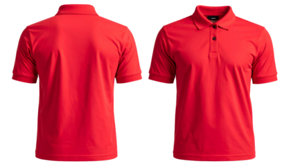 Front and back view of a vibrant red polo shirt on a transparent background