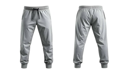 Front and back view of light gray athletic joggers, featuring drawstring waist and cuffed ankles