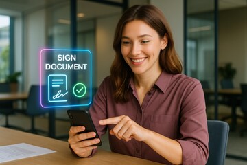 Signing documents digitally professional woman using smartphone in modern office environment concept of remote work and efficiency