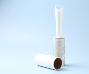 Lint roller with used sticky tape and new adhesive roll on light blue background, space for text