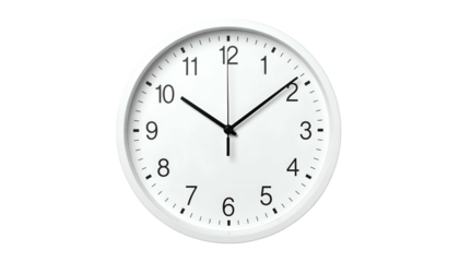 Simple white round clock with black hands on a black background, time is a bit after ten