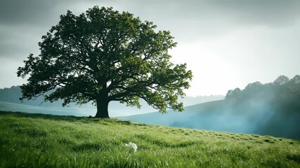 A majestic oak tree stands alone on a rolling green hillside under a misty, overcast sky. Gentle sunlight illuminates the scene - Powered by Adobe