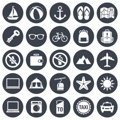 Fototapeta premium Collection of travel and vacation icons in a circular grid format