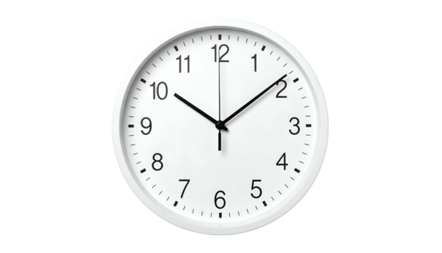 Simple white round clock with black hands on a black background, time is a bit after ten