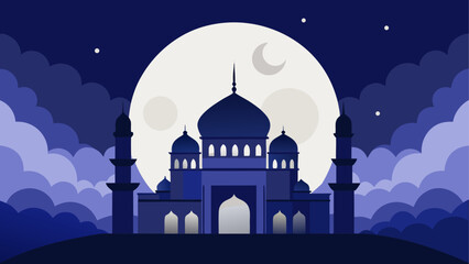 Illustration of a mosque under moonlight on transparent background