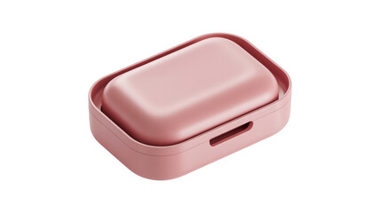 A product photo of a minimalist rectangular soap dish in matte pink against a pure white background.