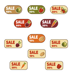Obraz premium Set of colorful sale stickers featuring fresh vegetables like carrots, peppers, potatoes, beets, and cabbage. Includes various discount percentages — perfect for grocery or organic market promotions.