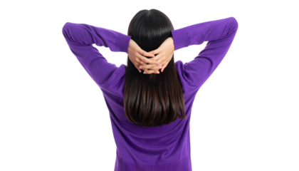 A person with dark hair wears a purple long-sleeved shirt, hands behind head