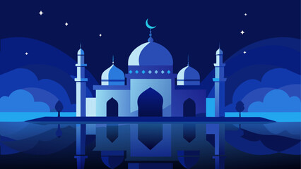 Blue mosque with crescent moon at night on transparent background