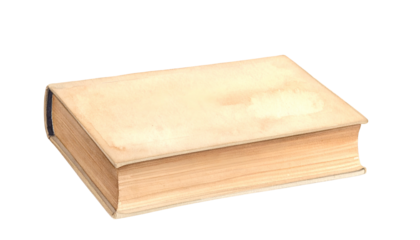 Watercolor illustration of a closed, well-worn book, ivory cover and aged pages, resting