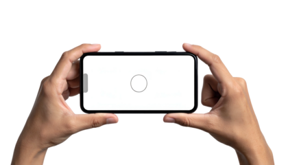 Hands holding a phone horizontally with a white screen and loading circle, isolated on black