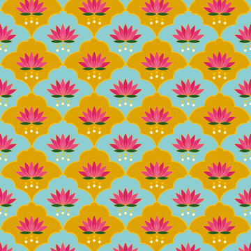 Vibrant seamless lotus flower pattern. Asian inspired lotus seamless design for, print, textile, surface design, wrapping, packaging. Decorative elements, Festival, Indian, Turkish, Pakistan motifs.