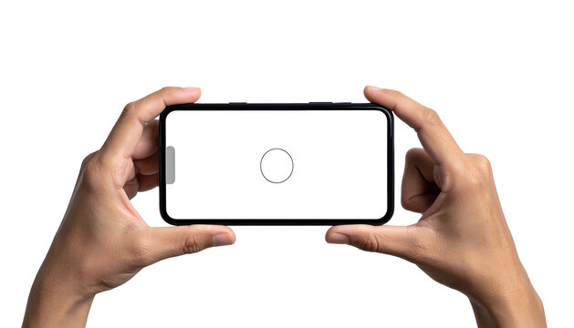 Hands holding a phone horizontally with a white screen and loading circle, isolated on black