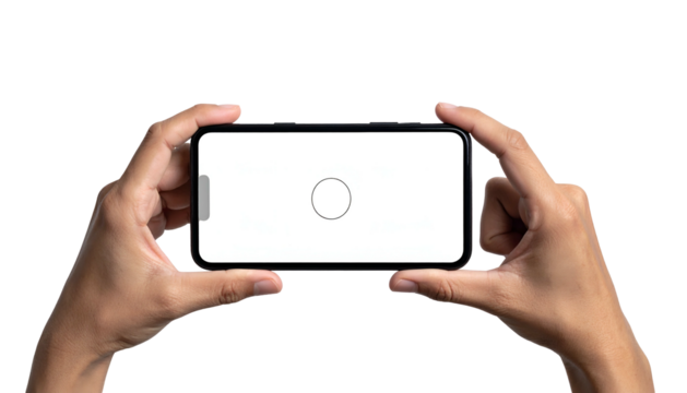 Hands holding a phone horizontally with a white screen and loading circle, isolated on black