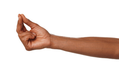 African-American man asking for money on white background, closeup