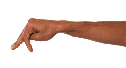 African-American man gesturing on white background, closeup view