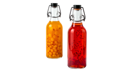Two glass bottles with hinged lids, one filled with orange berries, the other with red seeds