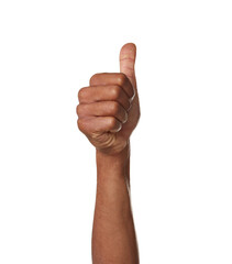 African-American man showing thumbs up on white background, closeup