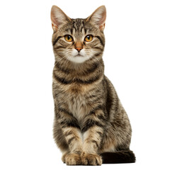 Obraz premium A cute domestic cat sitting calmly and looking forward on a transparent background. Perfect for pet design, advertising, animal illustration, or digital artwork with copy space.