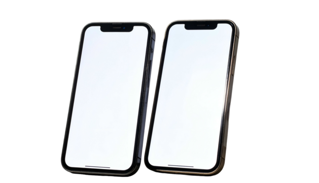 Two modern smartphones, screens blank, isolated on a black background