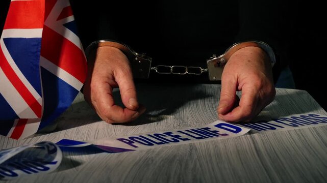 Criminal in handcuffs in British police room